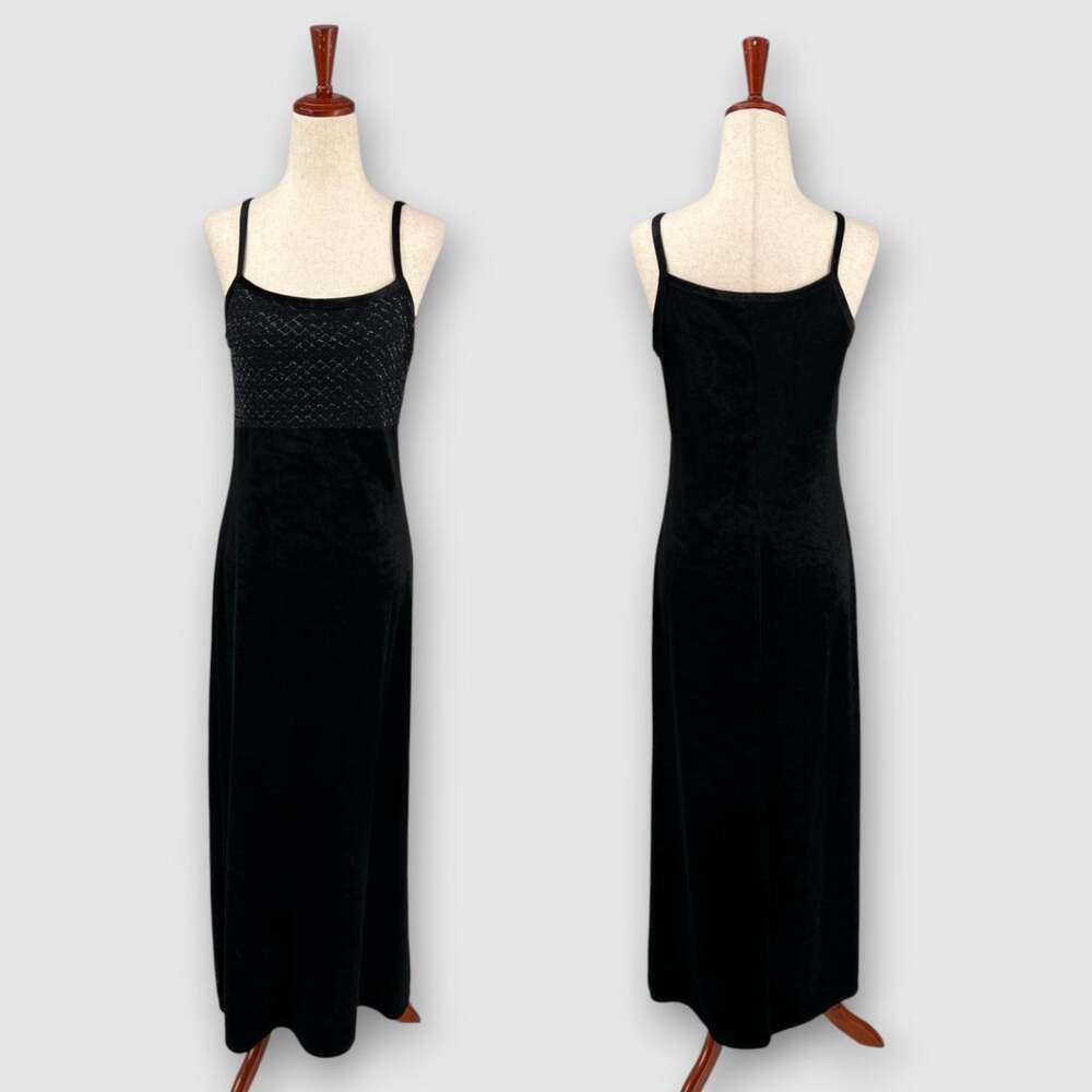 90s Vintage Jumping Joy Black Velvet Metallic Fishnet Bodice Maxi Dress Medium